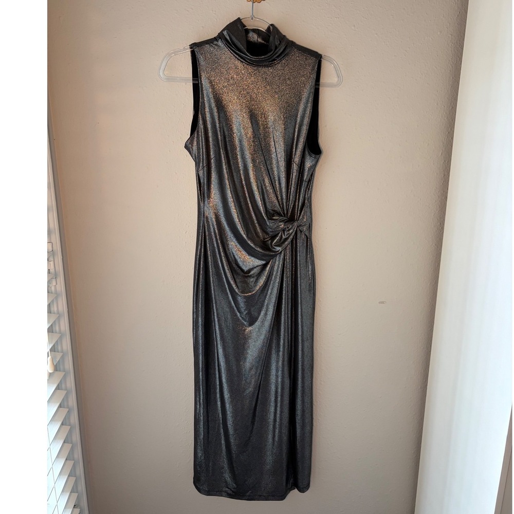 Harper Rose Metallic Silver Turtleneck Side Knot Midi Dress Sleeveless 4